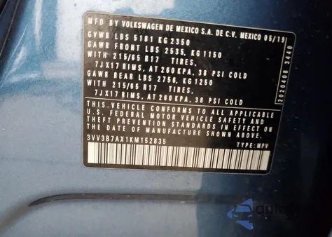 2019 Volkswagen Tiguan Se из США, поврежденный, VIN 3VV3B7AX1KM152835